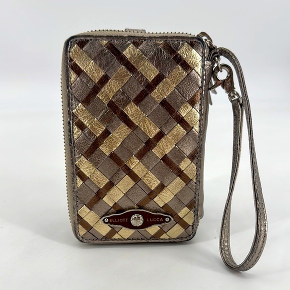 The Sak Elliott Lucca Leather Basket Weave Metallic Woven Phone Case Wristlet - Picture 1 of 15